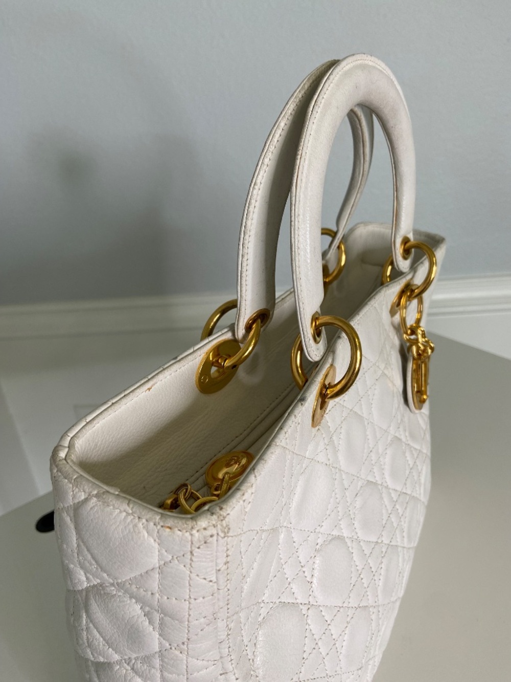 Authentic Dior White Lambskin Lady Dior Handbag Quilted Cannage Gold Hardware - Picture 3 of 16